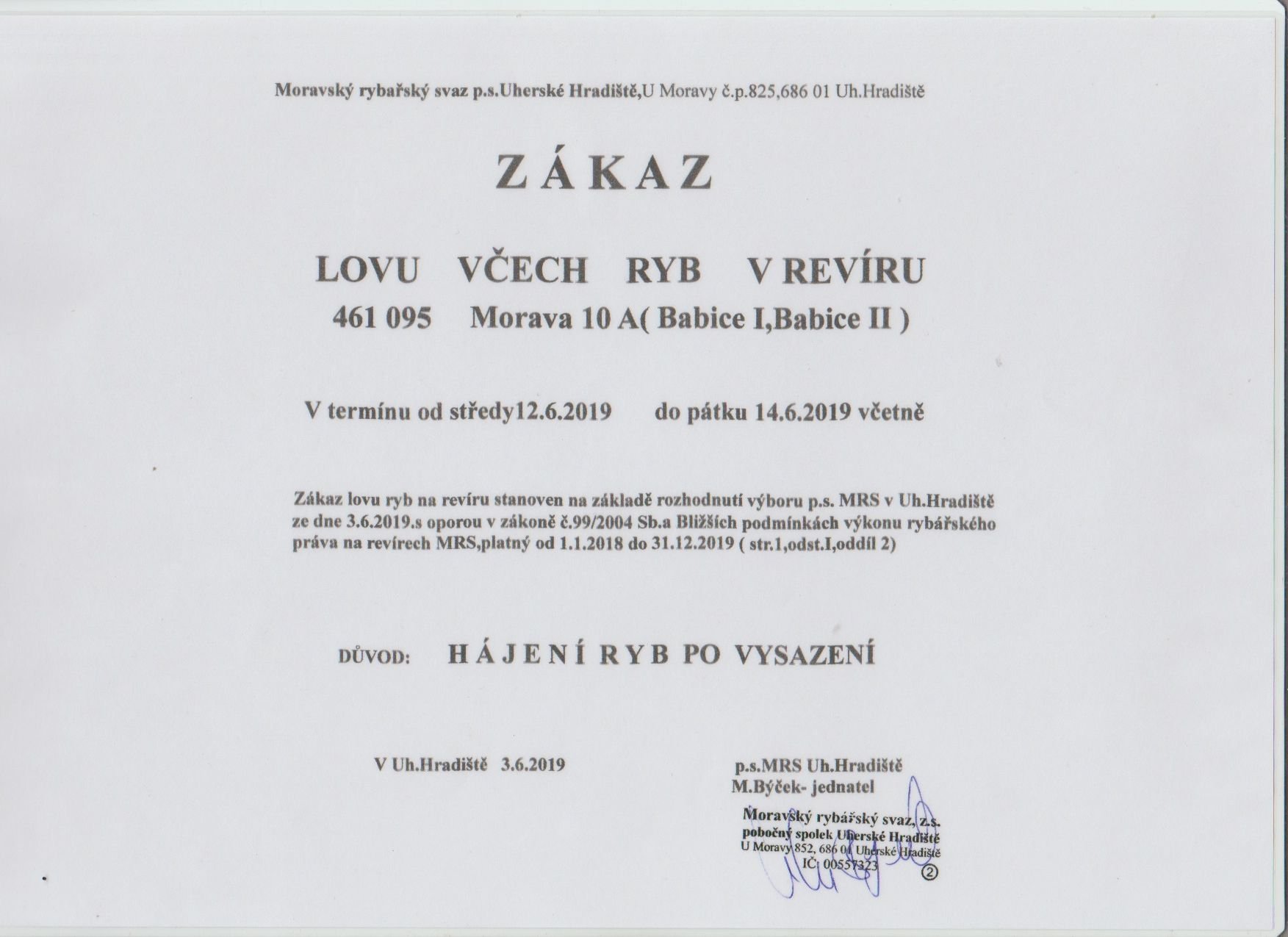 Zákaz lovu všech ryb na revíru 461095 - Morava 10A (Babice I. a Babice II.)